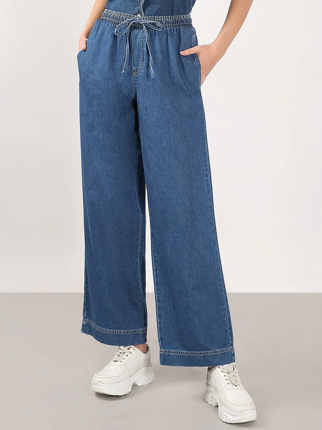 Blue Mid Rise Pull Up Denim Pants - Image 2