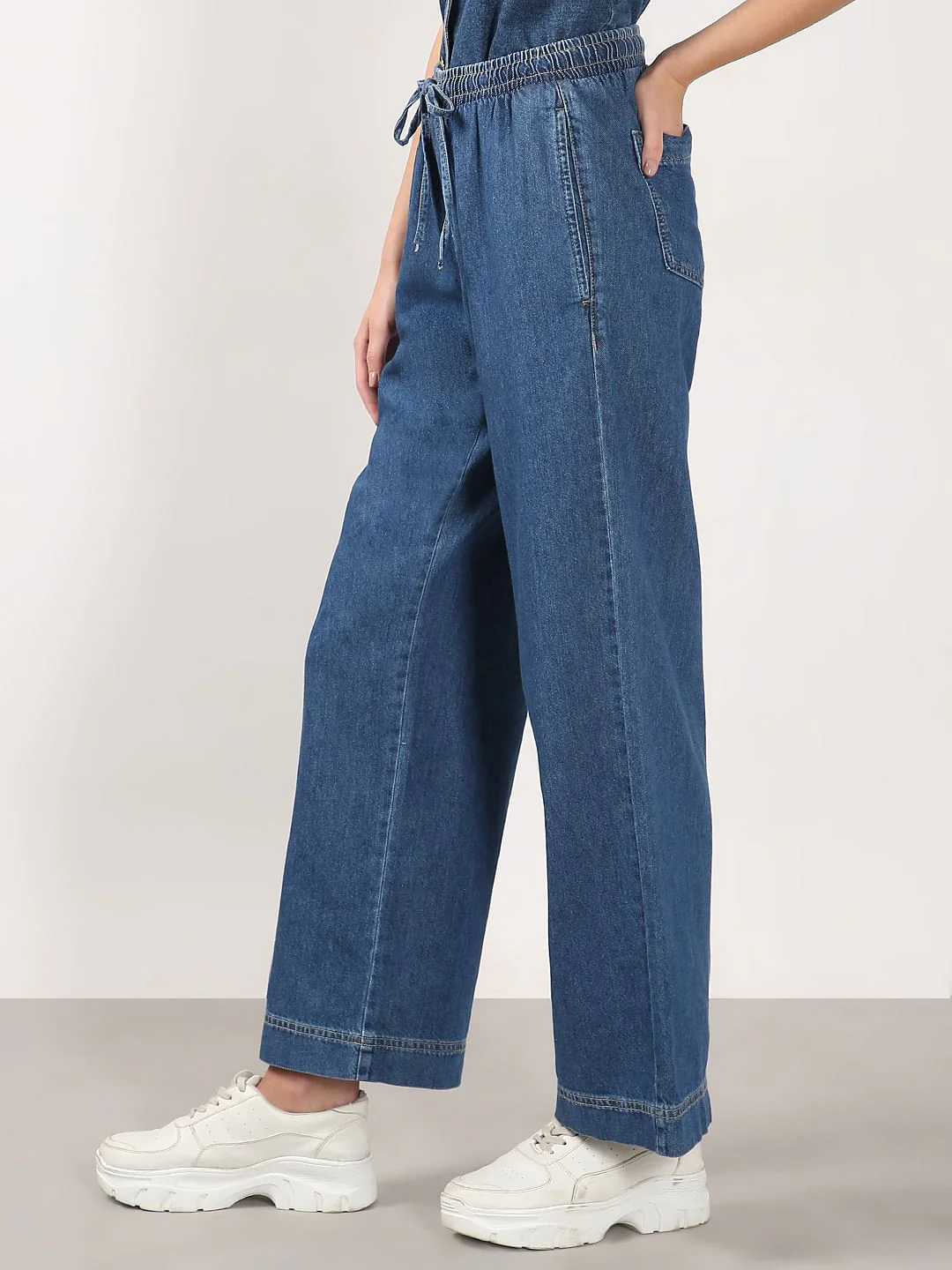 Blue Mid Rise Pull Up Denim Pants - Image 3