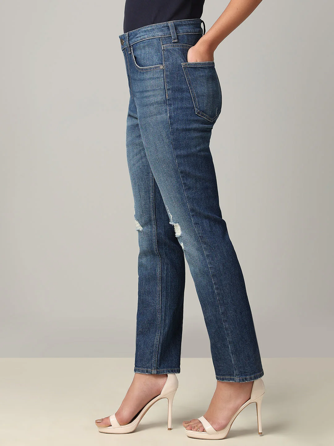 Mid-Blue Distressed Straight Fit Jeans - Image 3