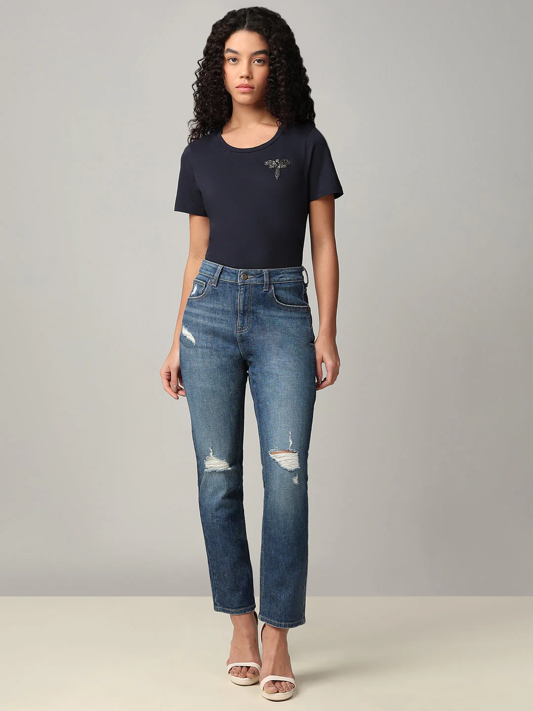 Mid-Blue Distressed Straight Fit Jeans - Image 5