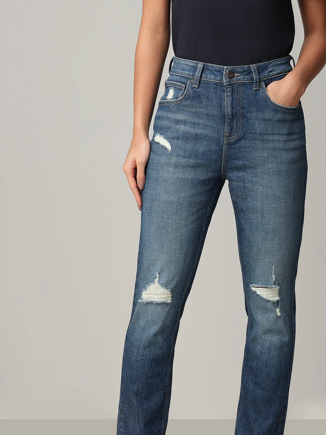 Mid-Blue Distressed Straight Fit Jeans - Image 6