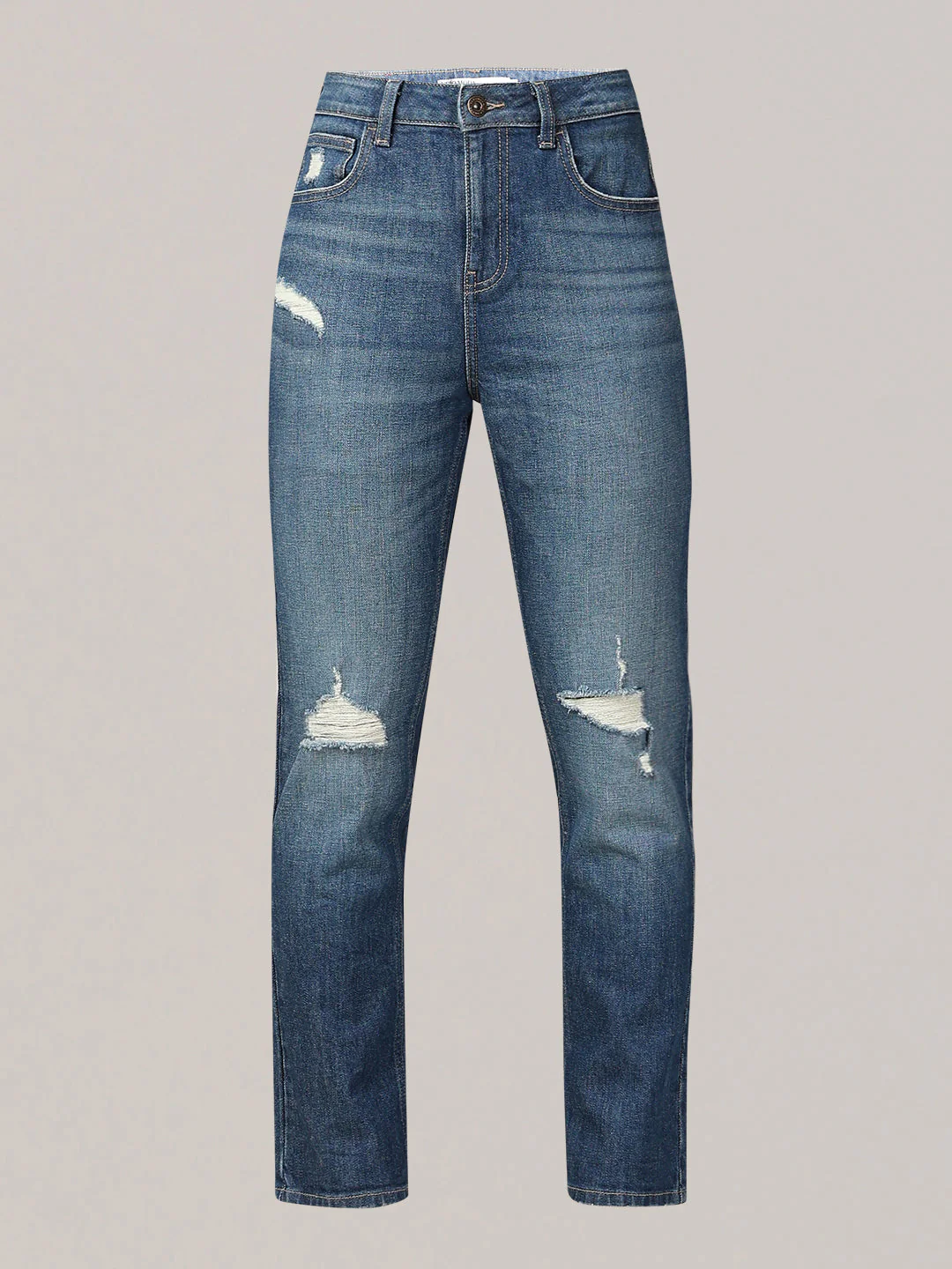 Mid-Blue Distressed Straight Fit Jeans - Image 7
