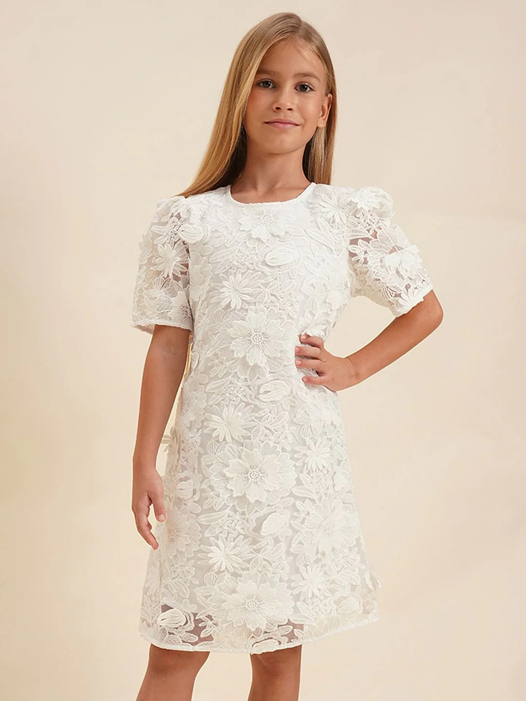 Girls White Floral Textured Cotton Dress - Image 2