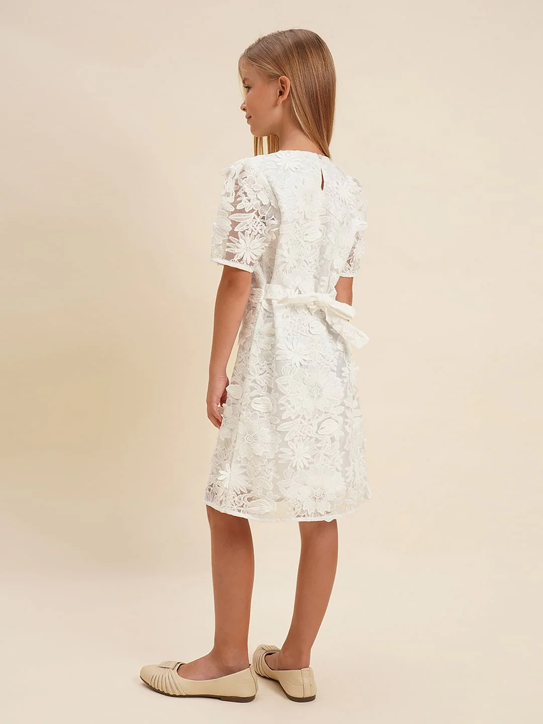 Girls White Floral Textured Cotton Dress - Image 3