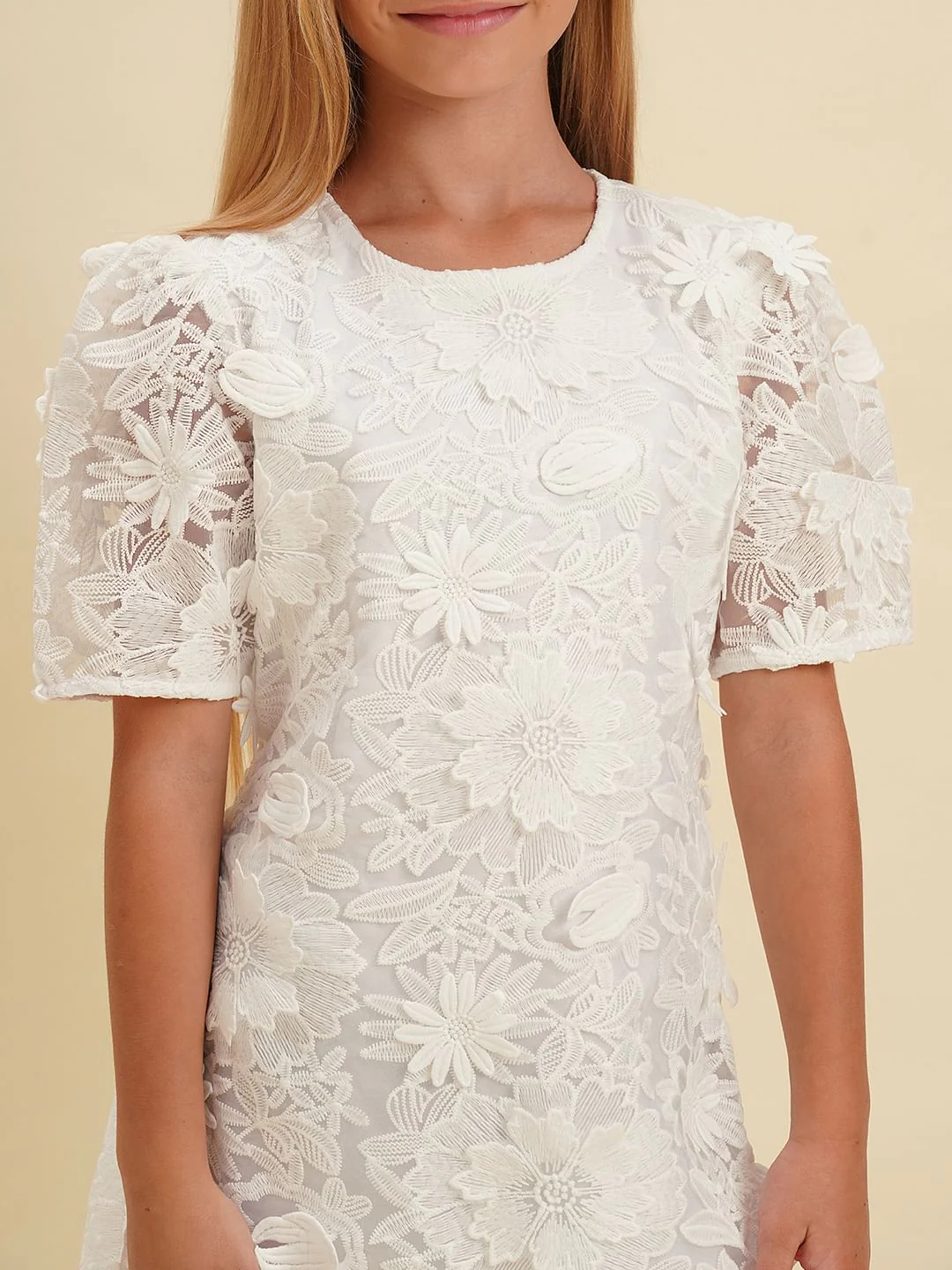 Girls White Floral Textured Cotton Dress - Image 4