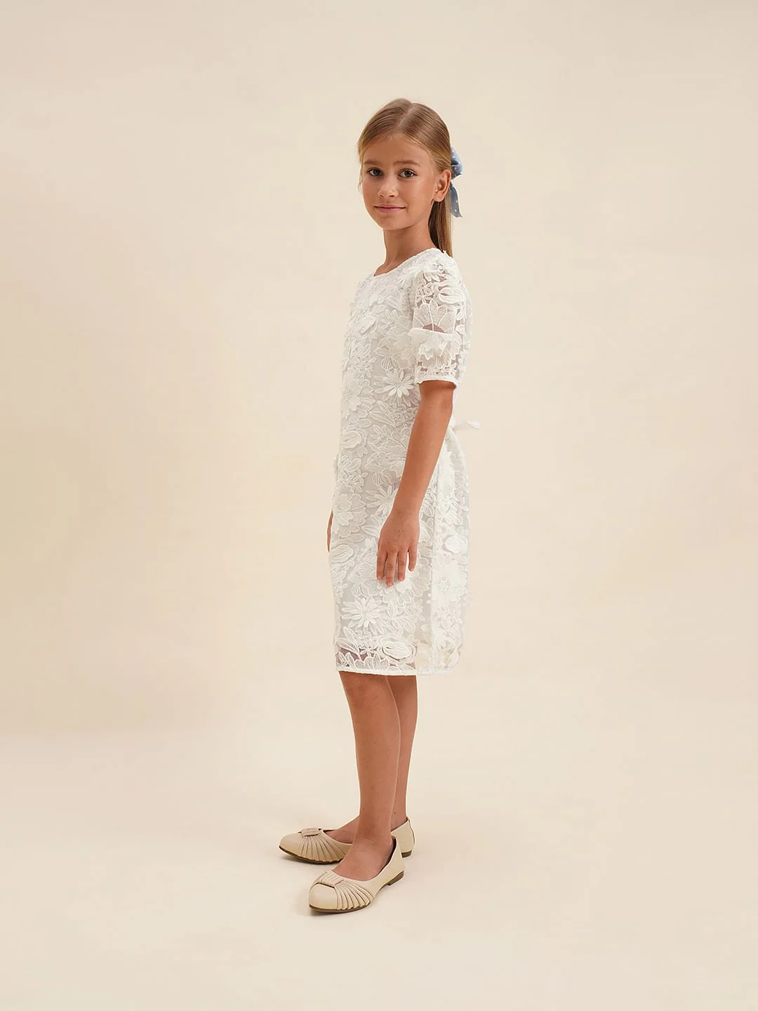 Girls White Floral Textured Cotton Dress - Image 5