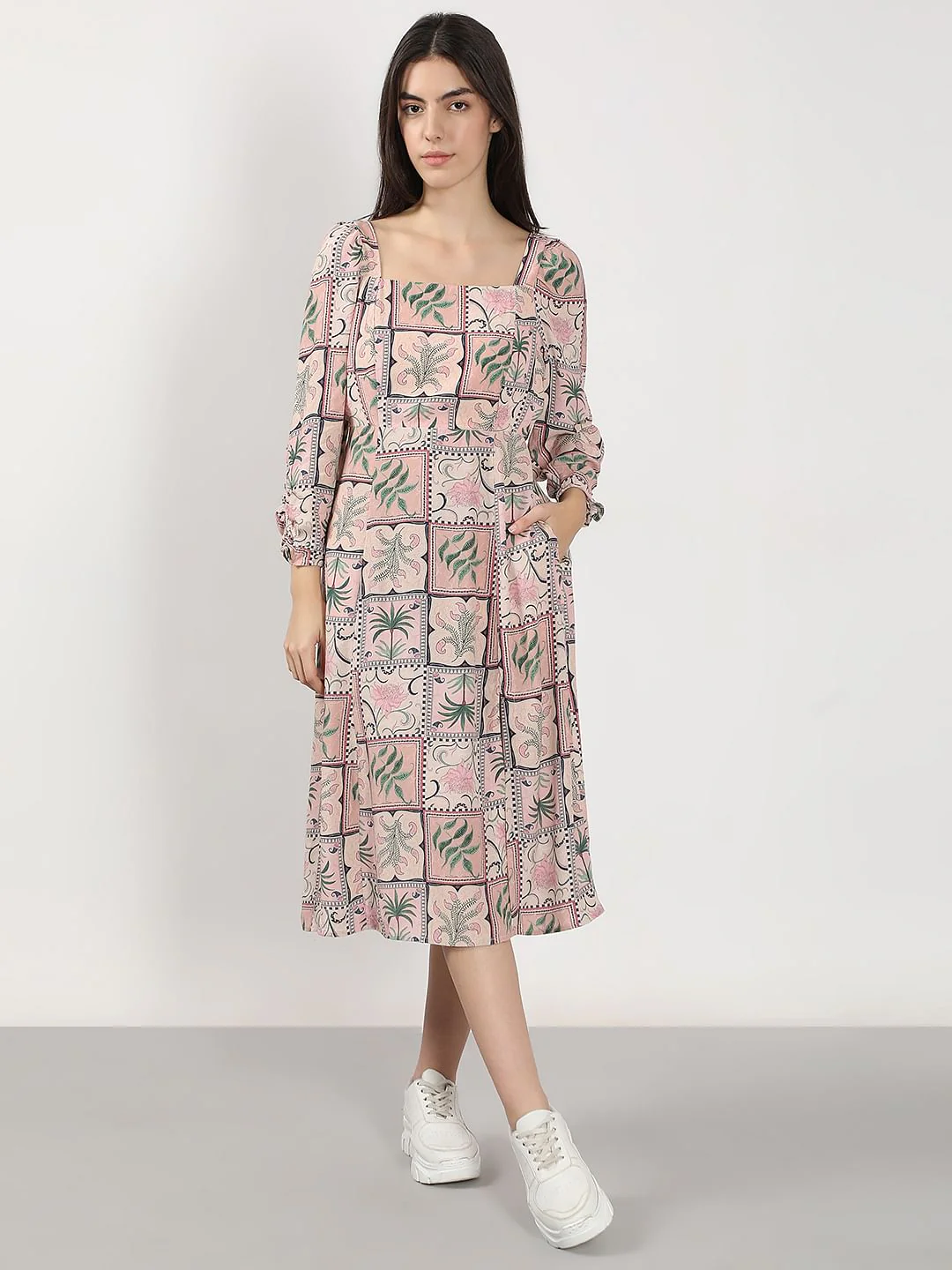 Pink Printed Square Neck Dress - Image 2