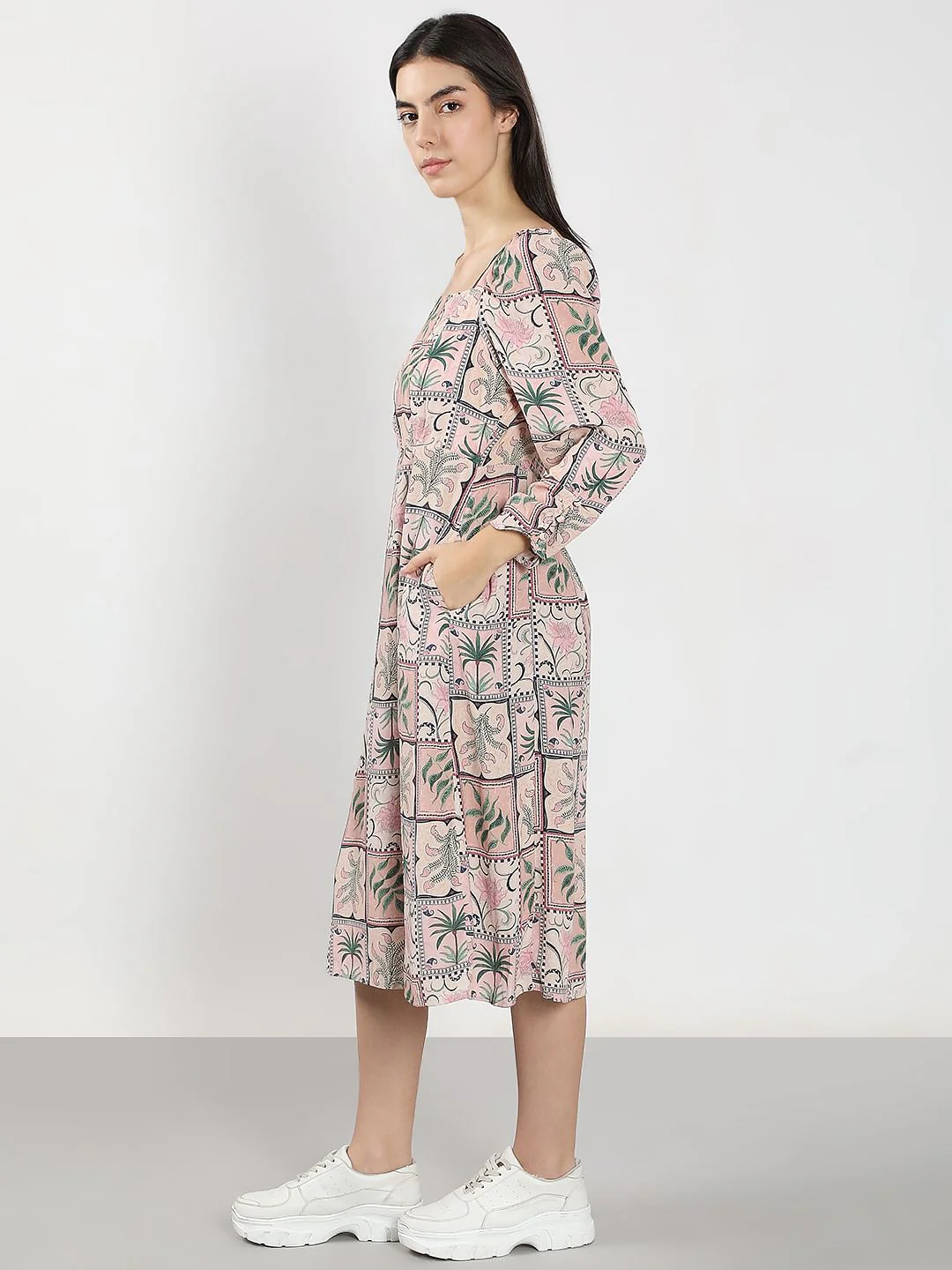 Pink Printed Square Neck Dress - Image 3