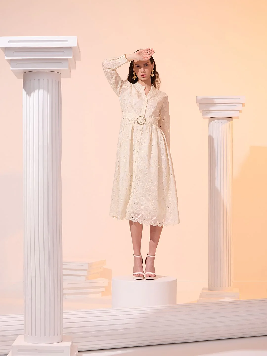 Off-White V Neck Belted Midi Dress