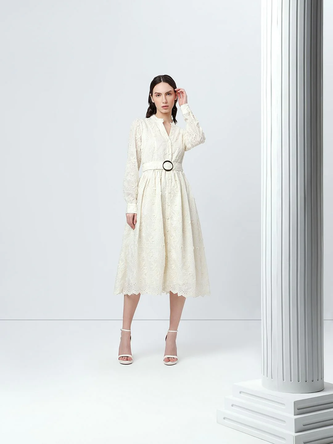 Off-White V Neck Belted Midi Dress - Image 2