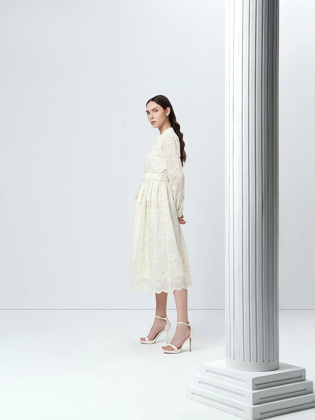 Off-White V Neck Belted Midi Dress - Image 3