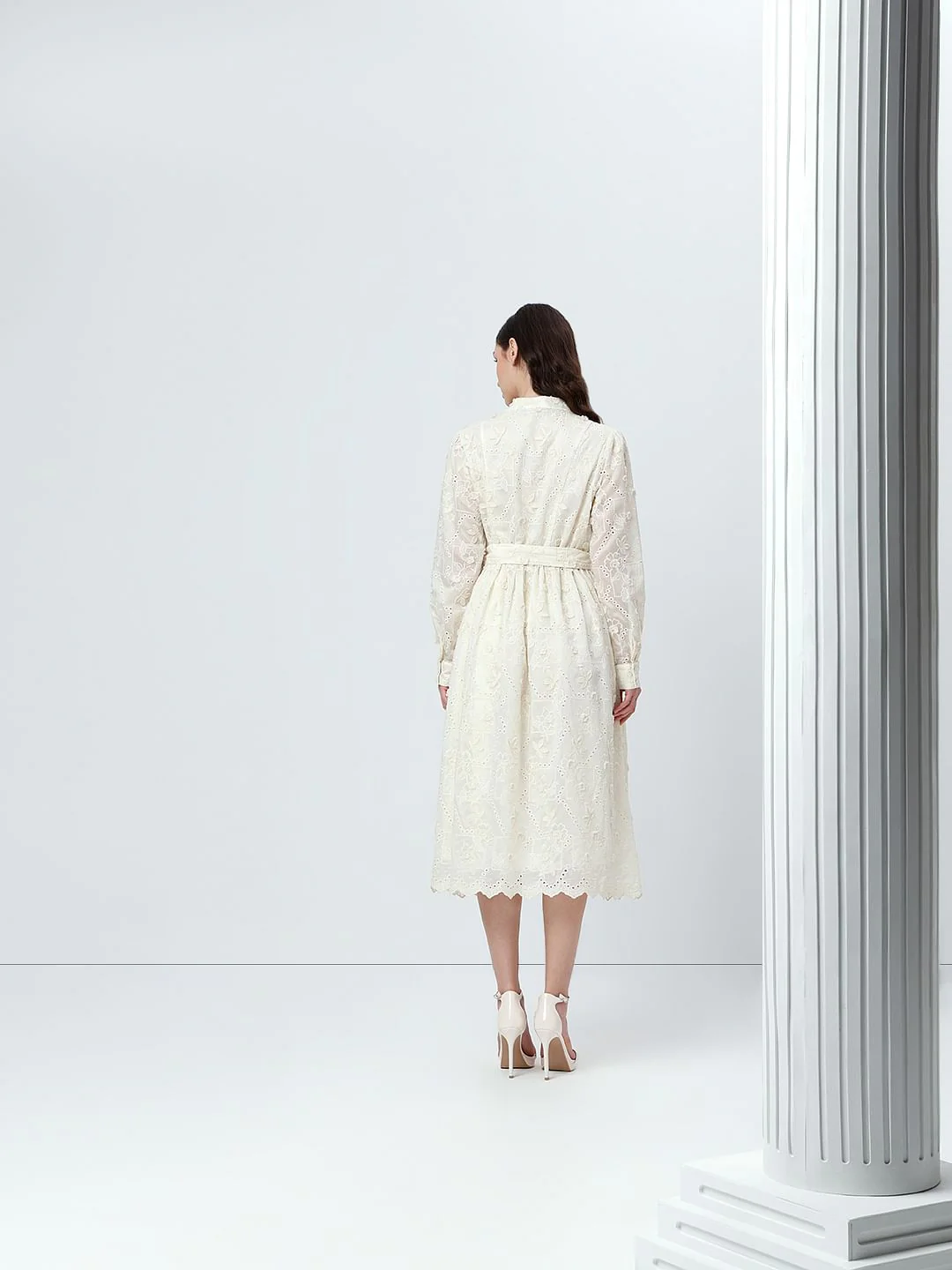 Off-White V Neck Belted Midi Dress - Image 4