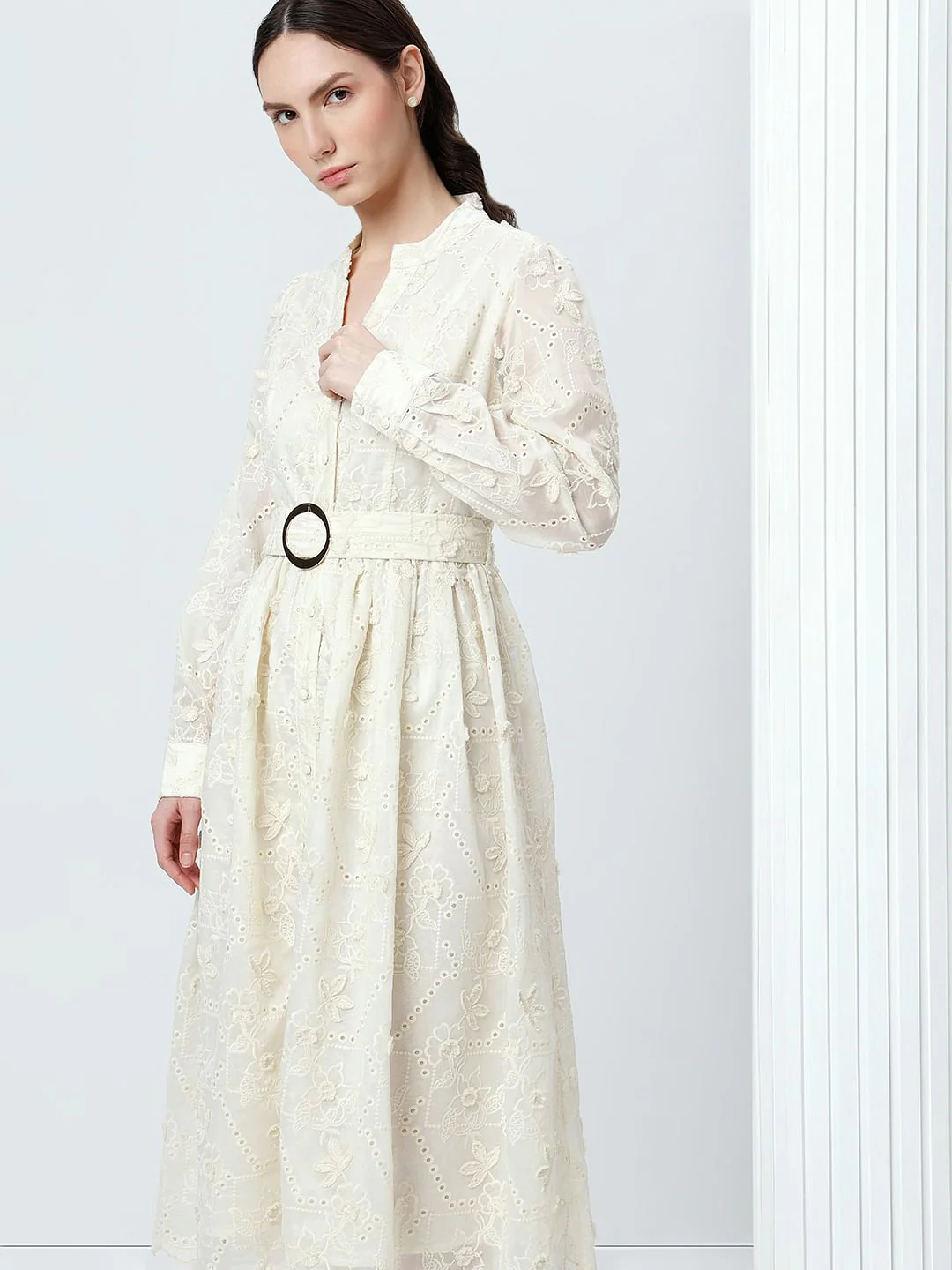 Off-White V Neck Belted Midi Dress - Image 5