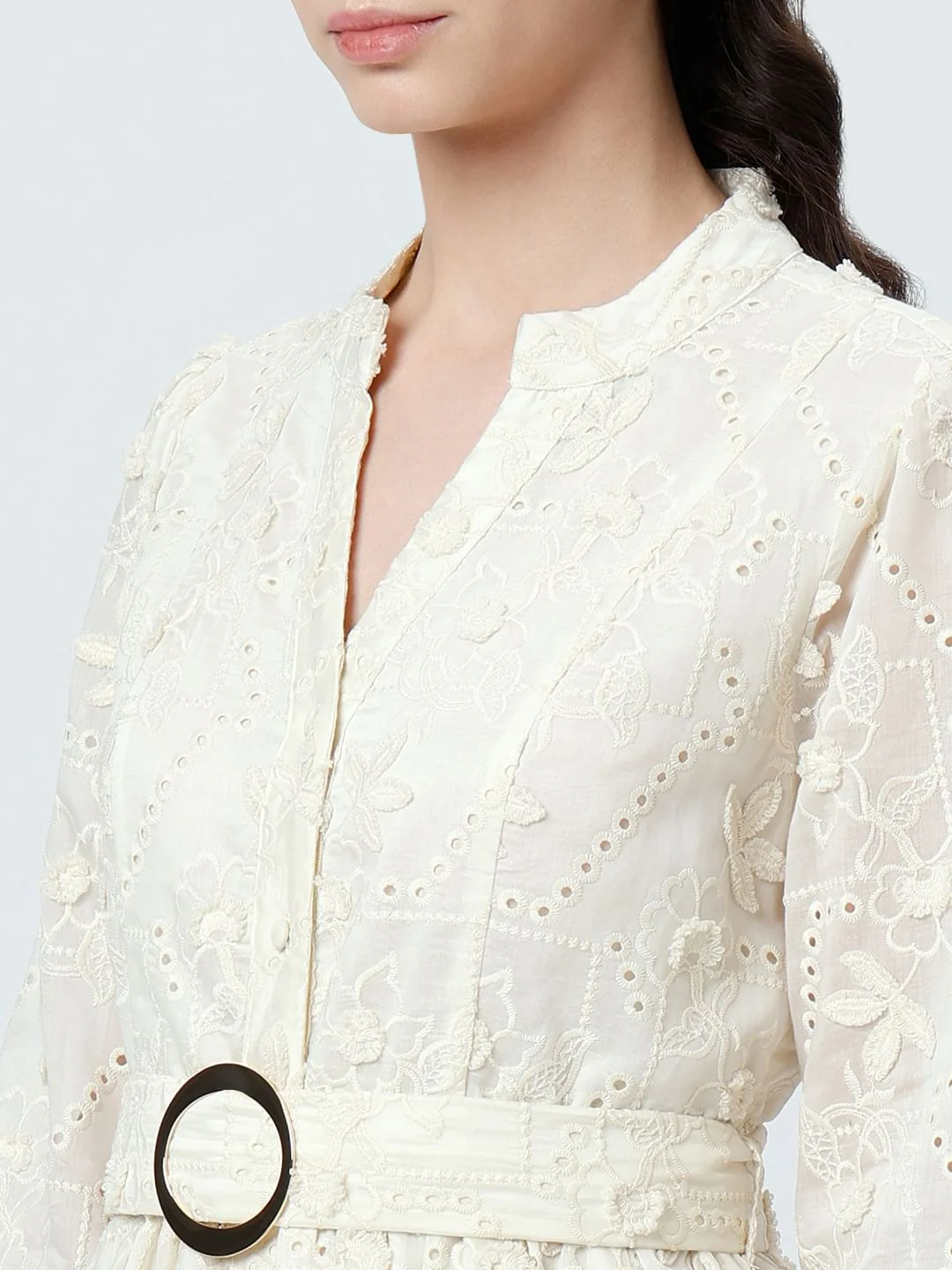 Off-White V Neck Belted Midi Dress - Image 6