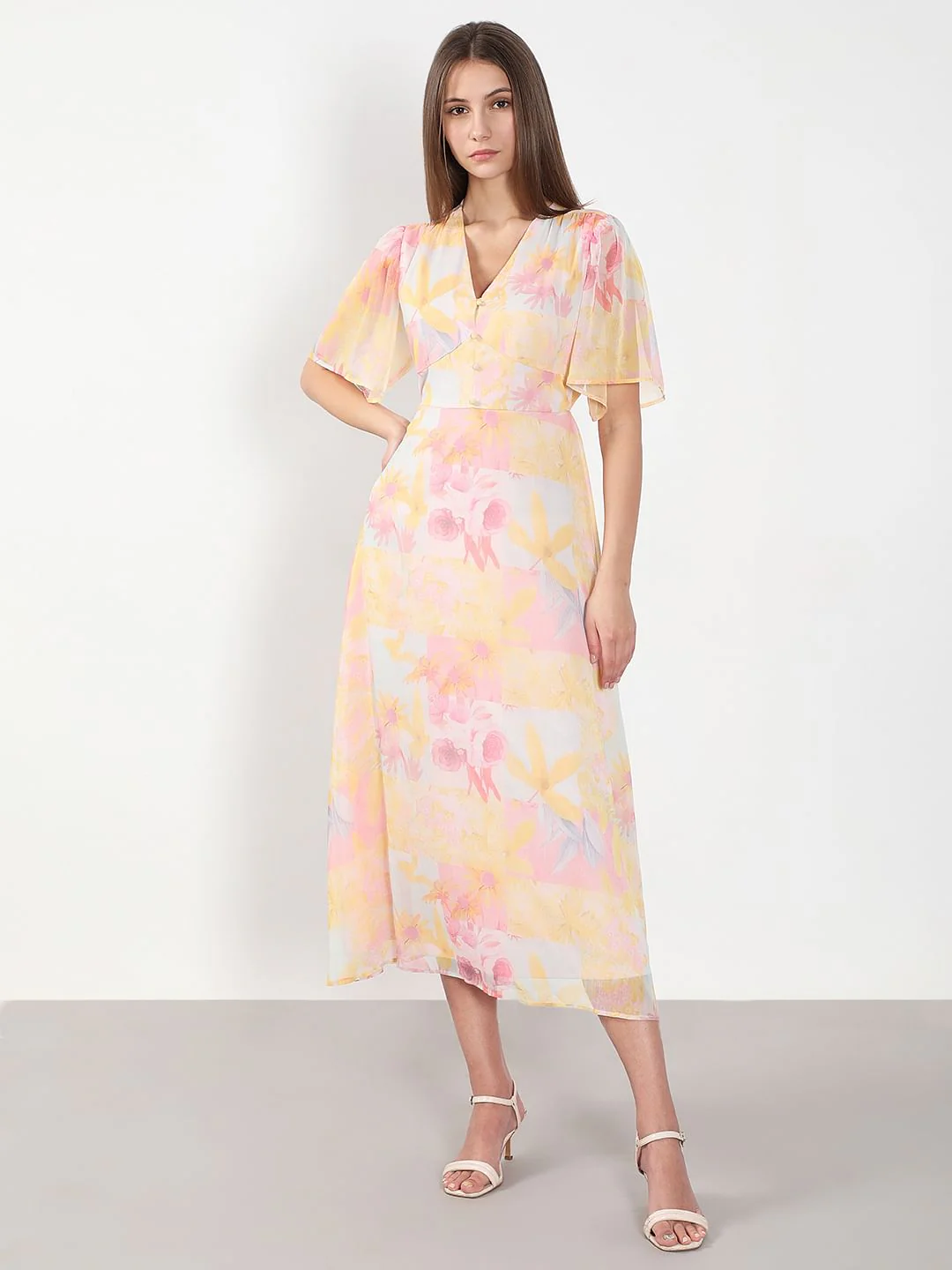 Yellow Printed V Neck Dress - Image 2