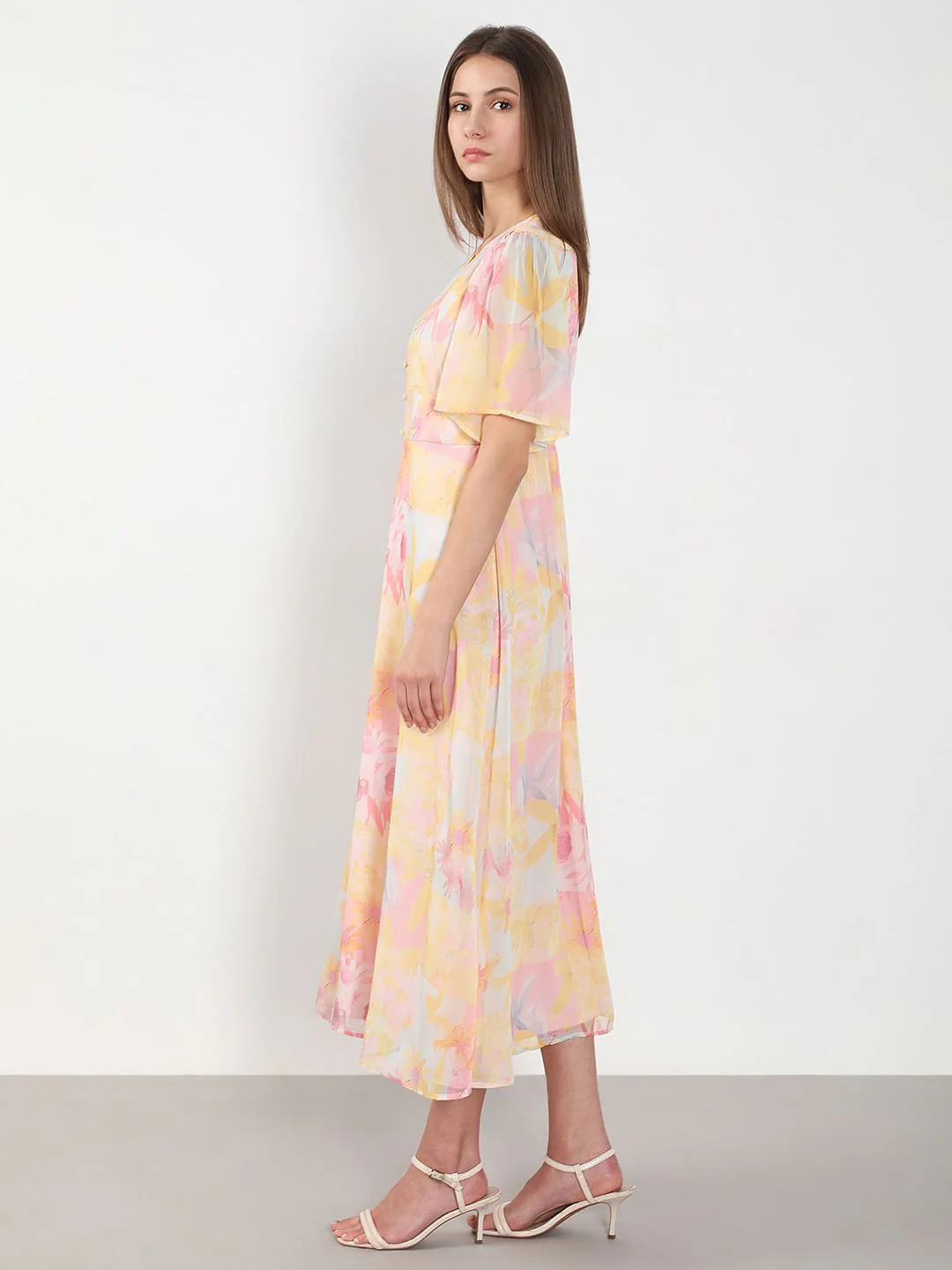 Yellow Printed V Neck Dress - Image 3
