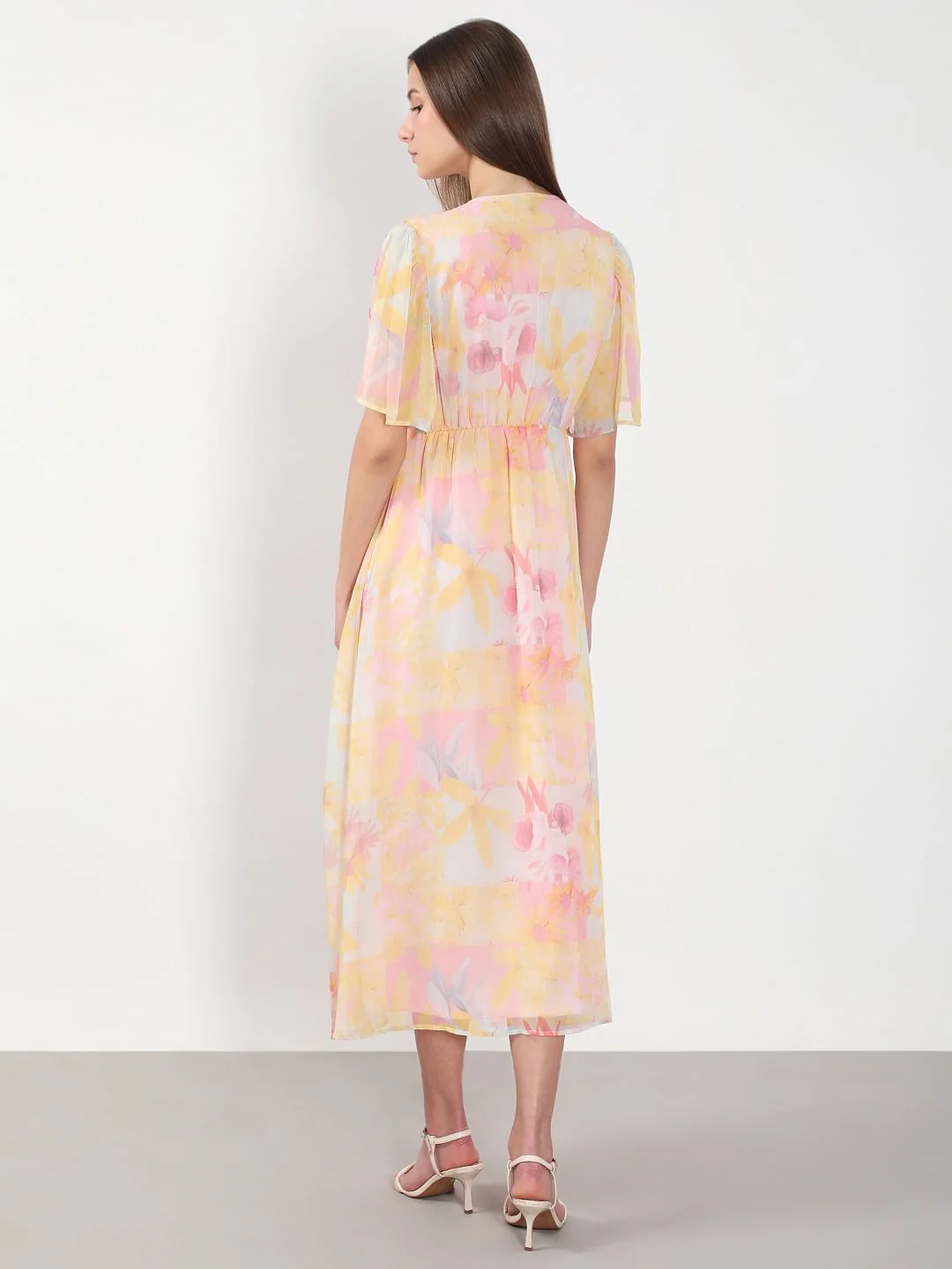 Yellow Printed V Neck Dress - Image 4