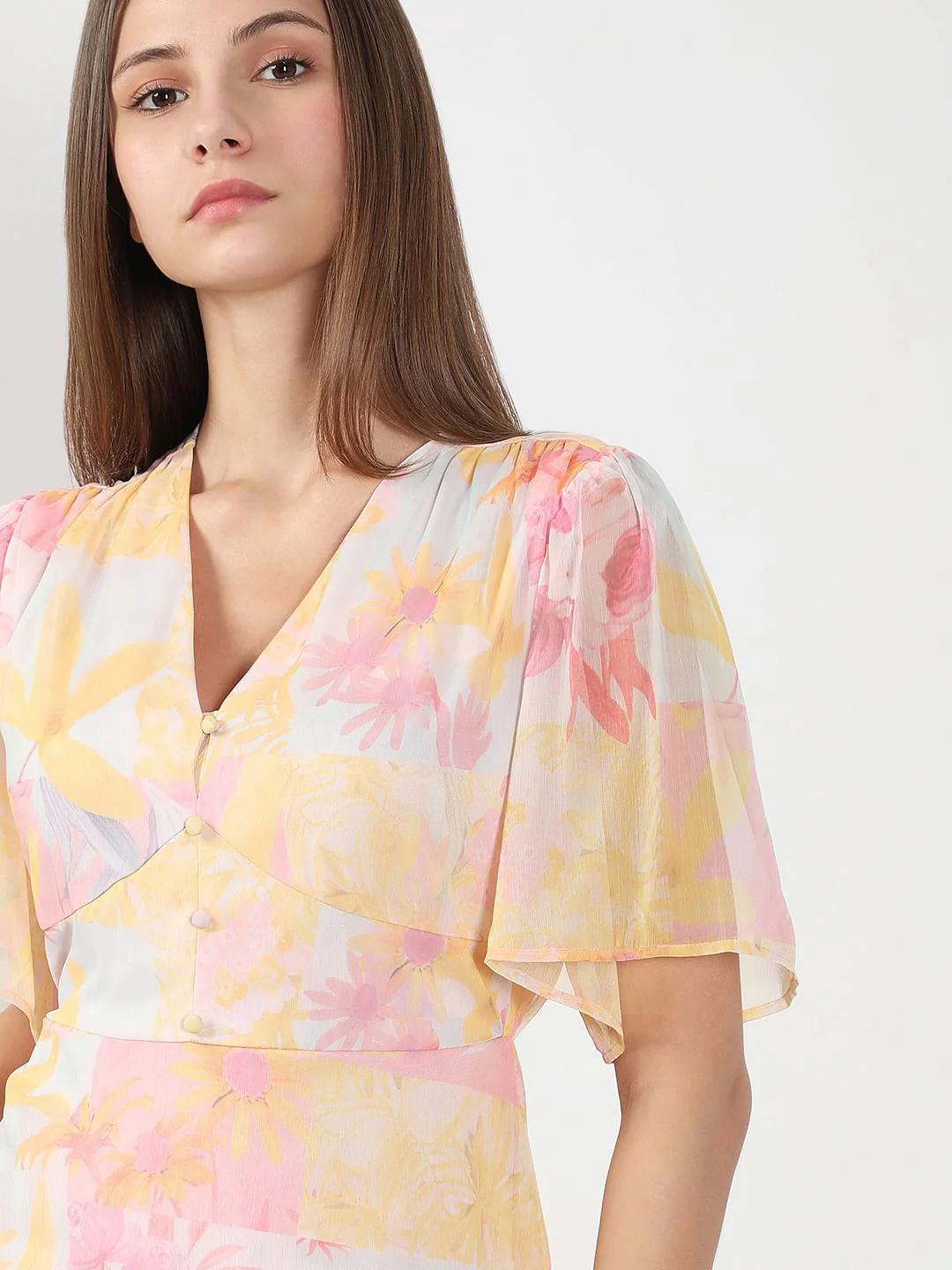 Yellow Printed V Neck Dress - Image 5