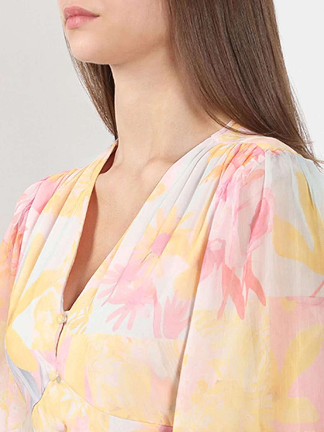 Yellow Printed V Neck Dress - Image 6