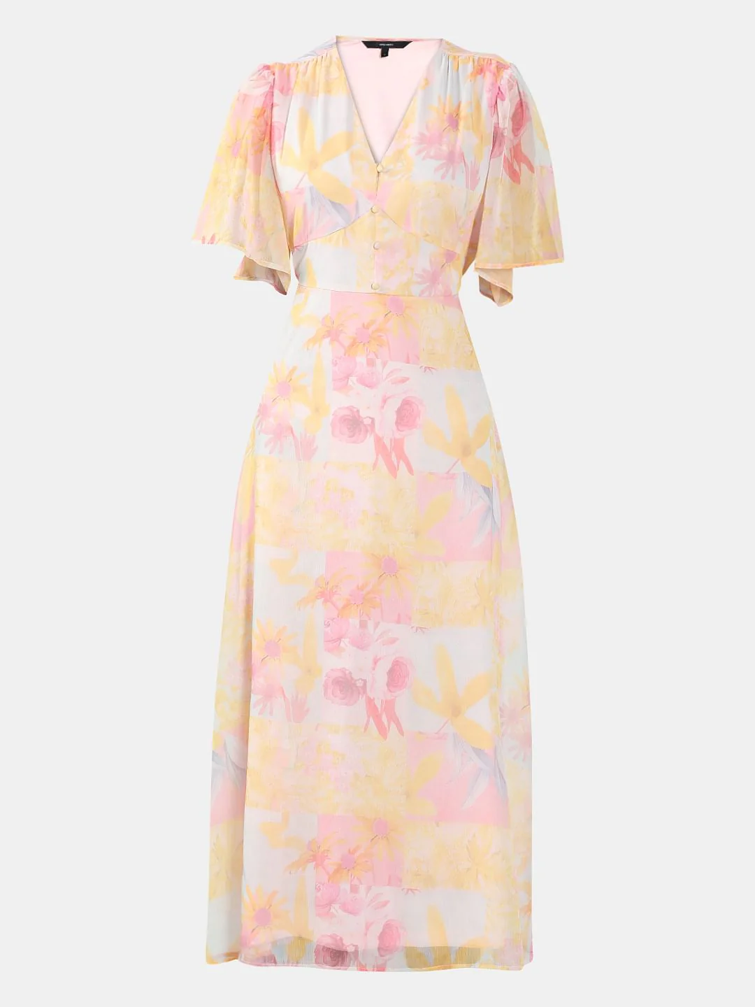 Yellow Printed V Neck Dress - Image 7
