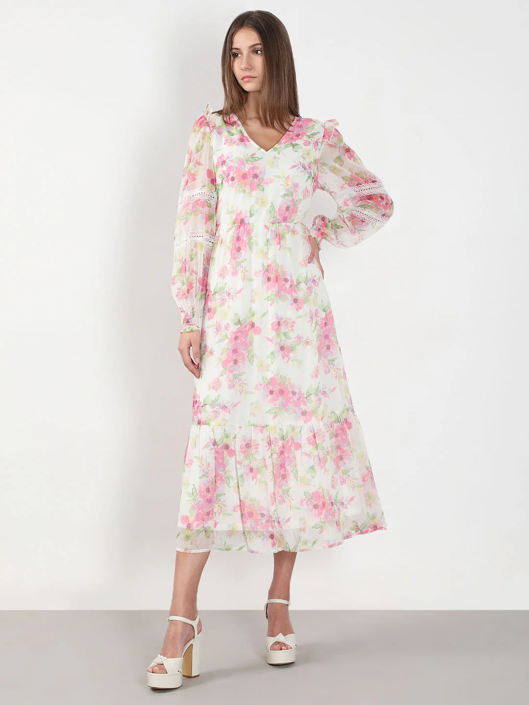 White & Pink Floral Midi Dress - Image 2