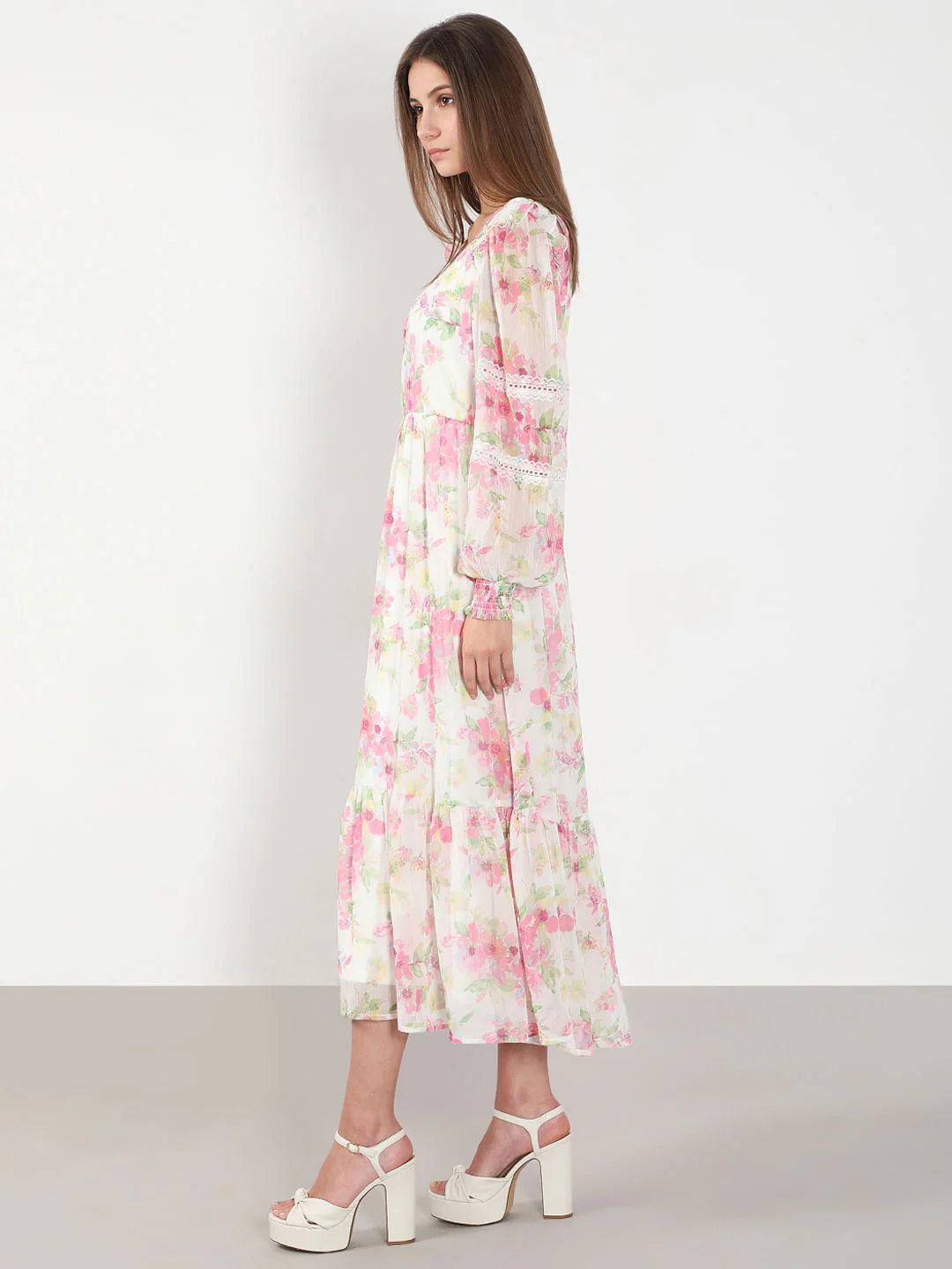 White & Pink Floral Midi Dress - Image 3