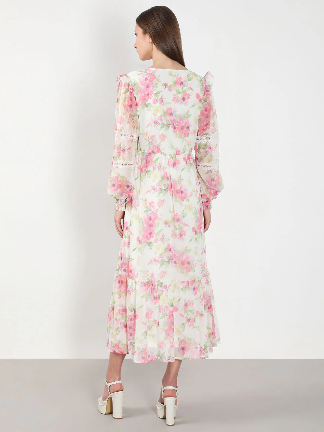 White & Pink Floral Midi Dress - Image 4