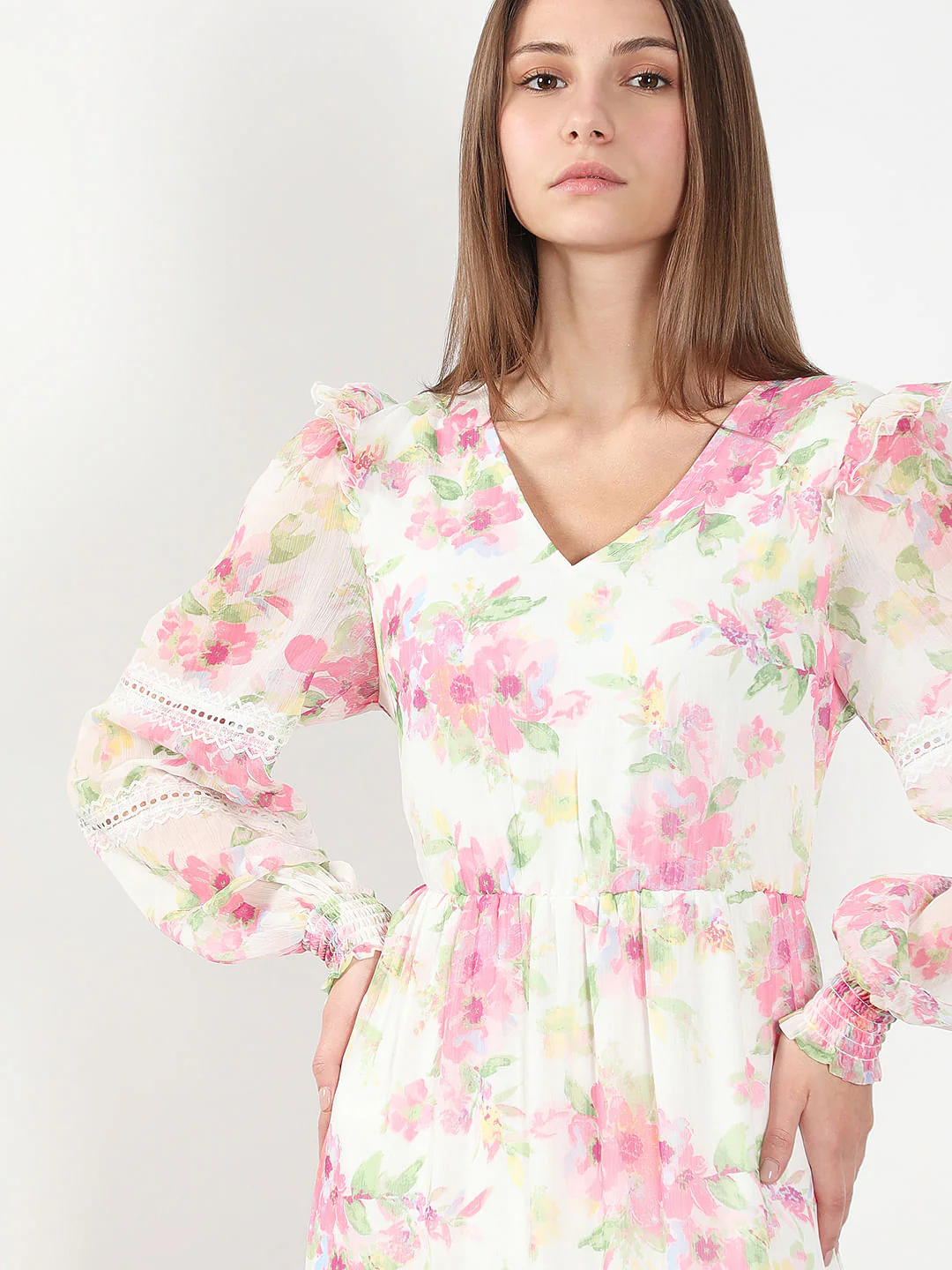 White & Pink Floral Midi Dress - Image 5