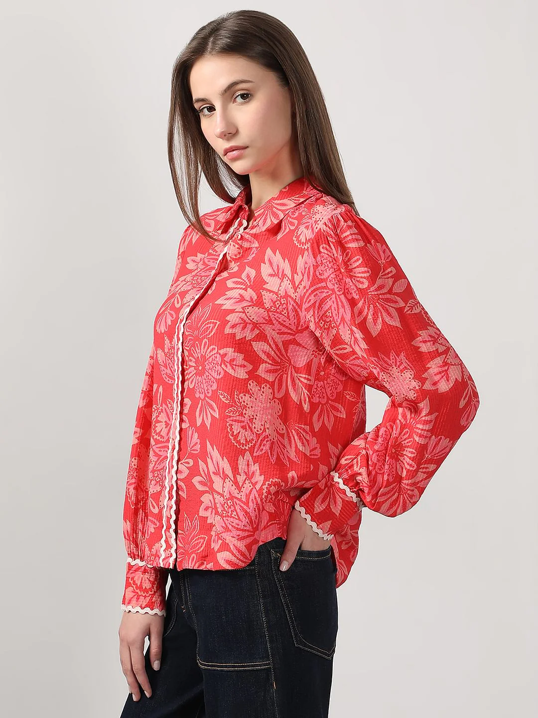 Red Printed Lace Trim Top - Image 3