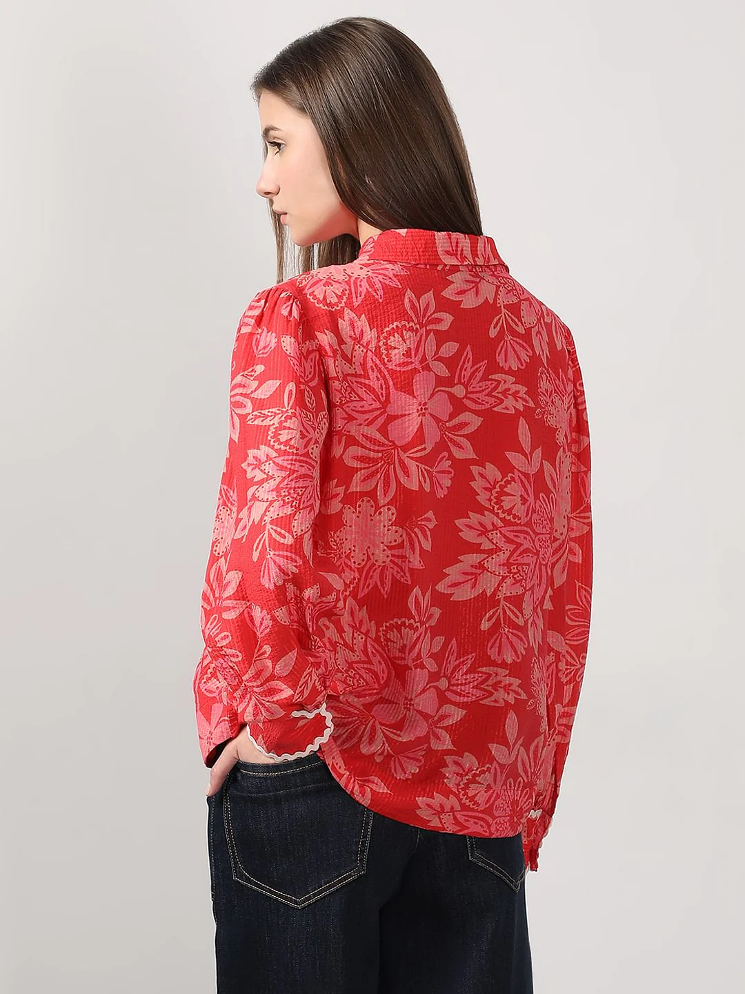 Red Printed Lace Trim Top - Image 4