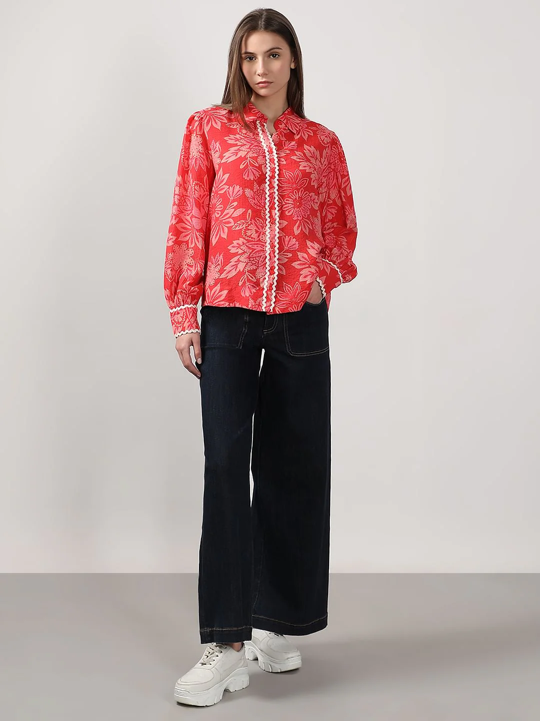 Red Printed Lace Trim Top - Image 5