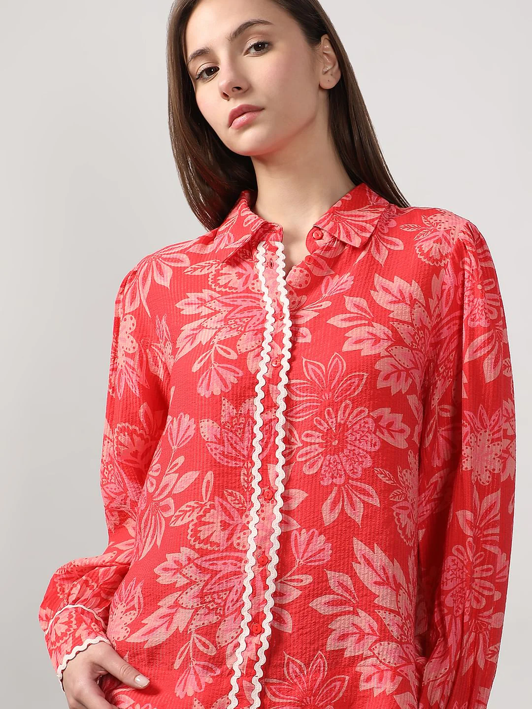 Red Printed Lace Trim Top - Image 6