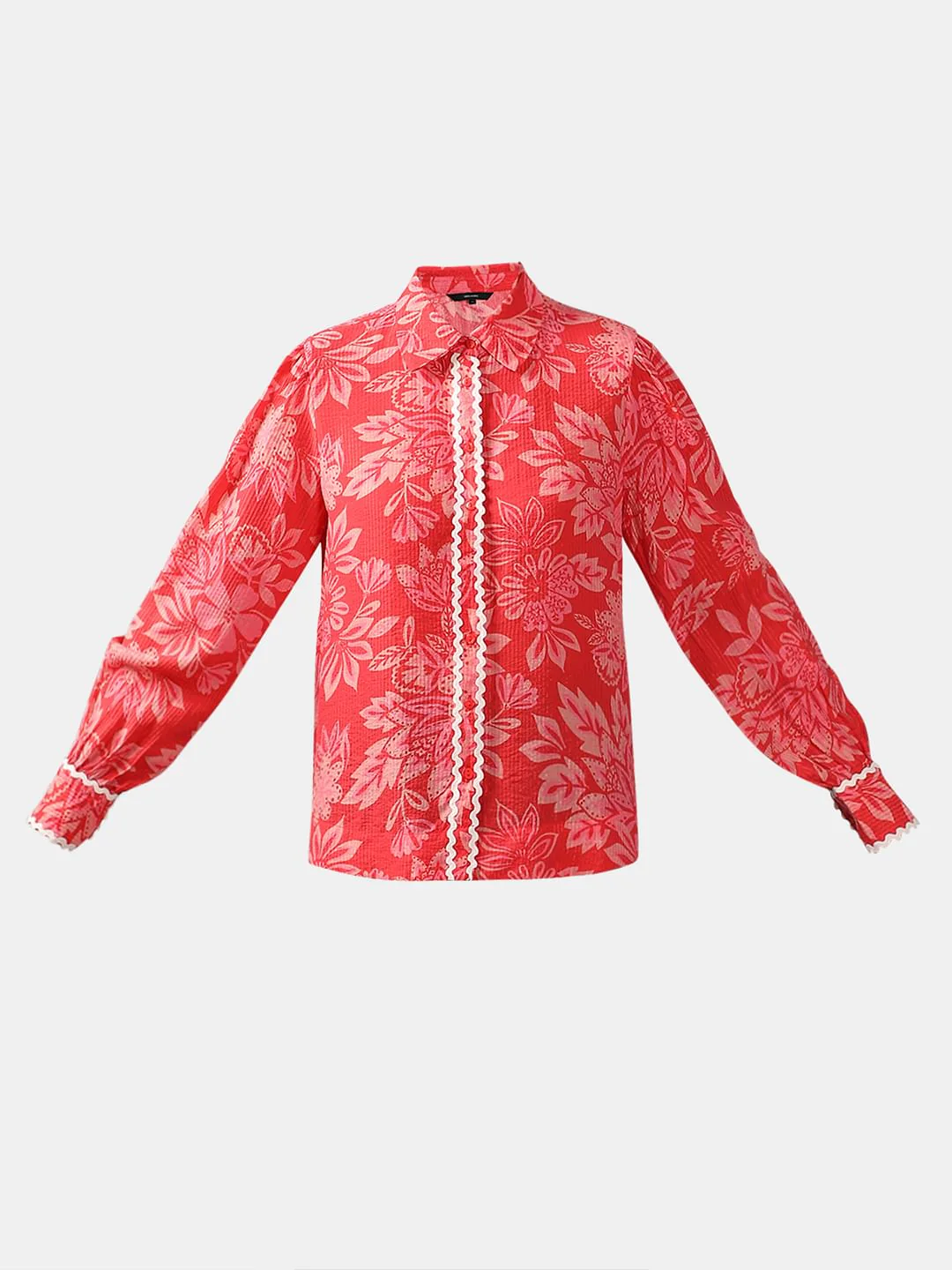 Red Printed Lace Trim Top - Image 7
