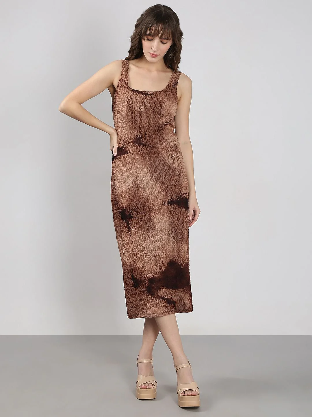 Brown Textured Midi Dress - Image 2