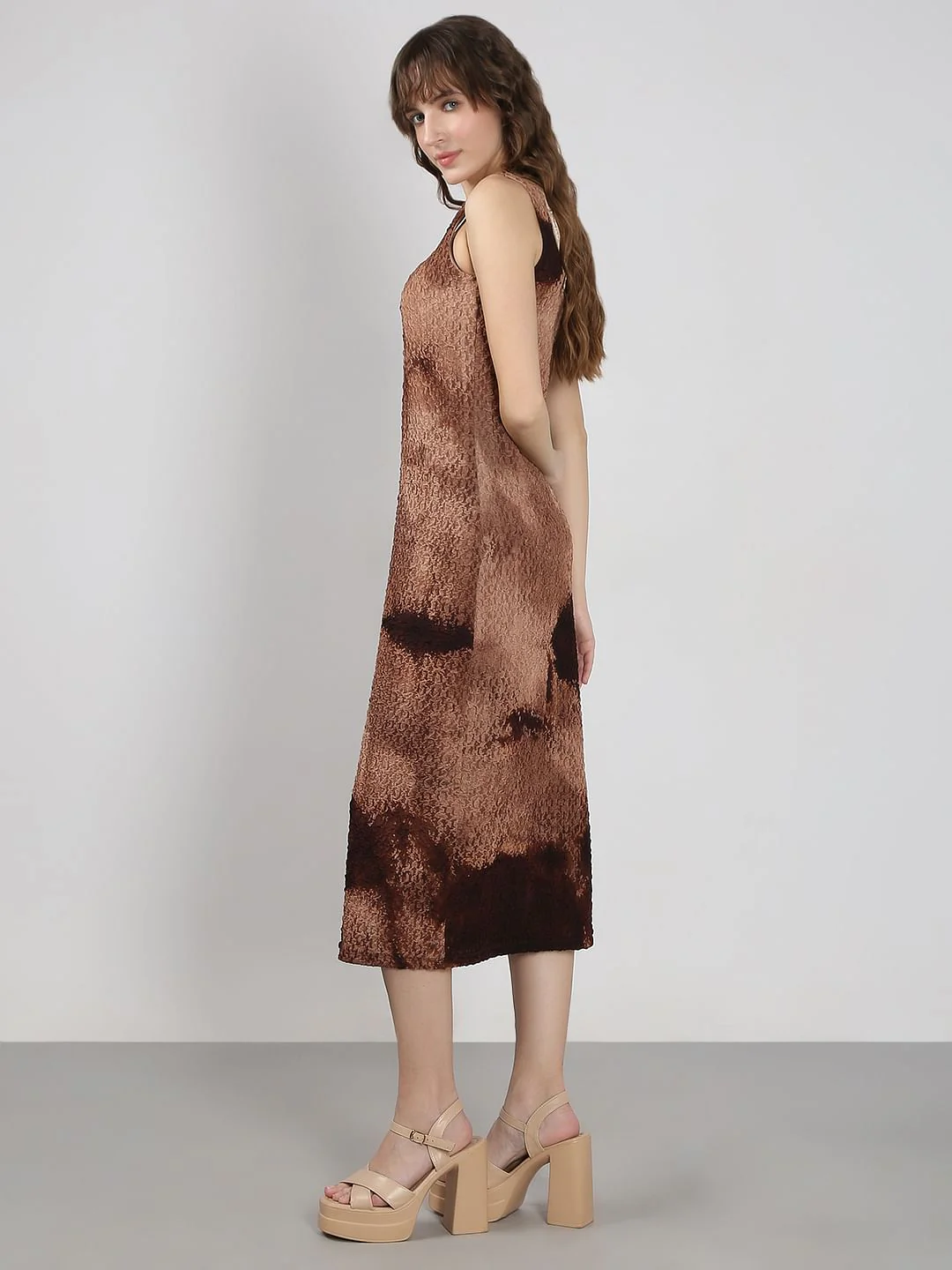 Brown Textured Midi Dress - Image 3