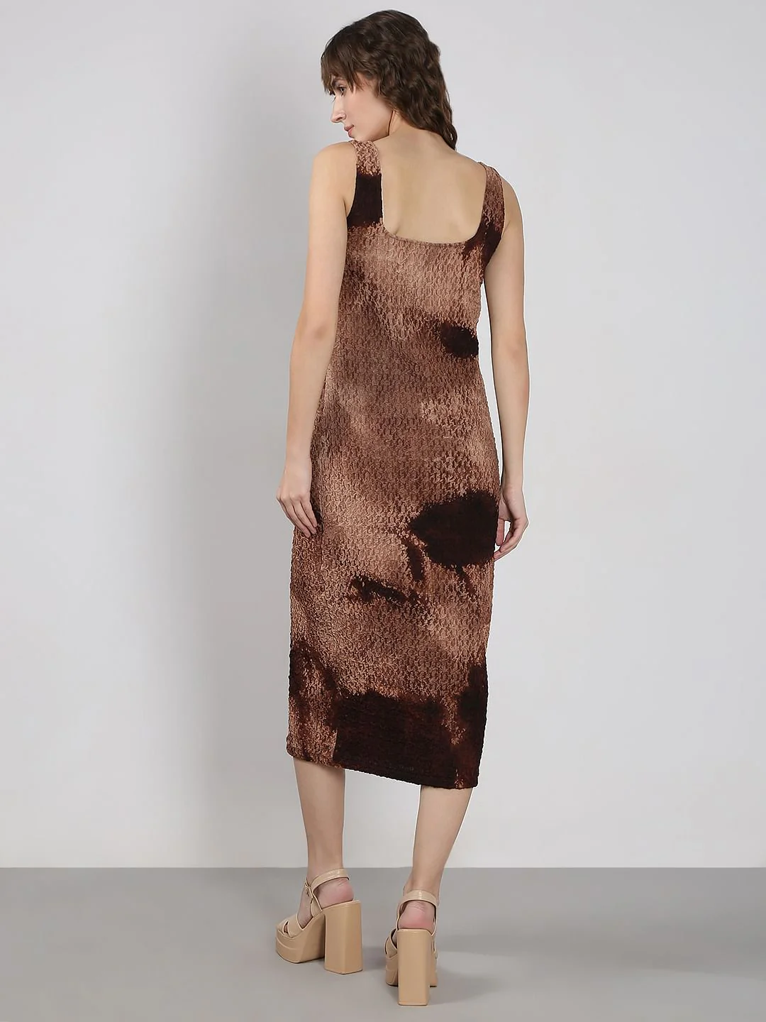 Brown Textured Midi Dress - Image 4