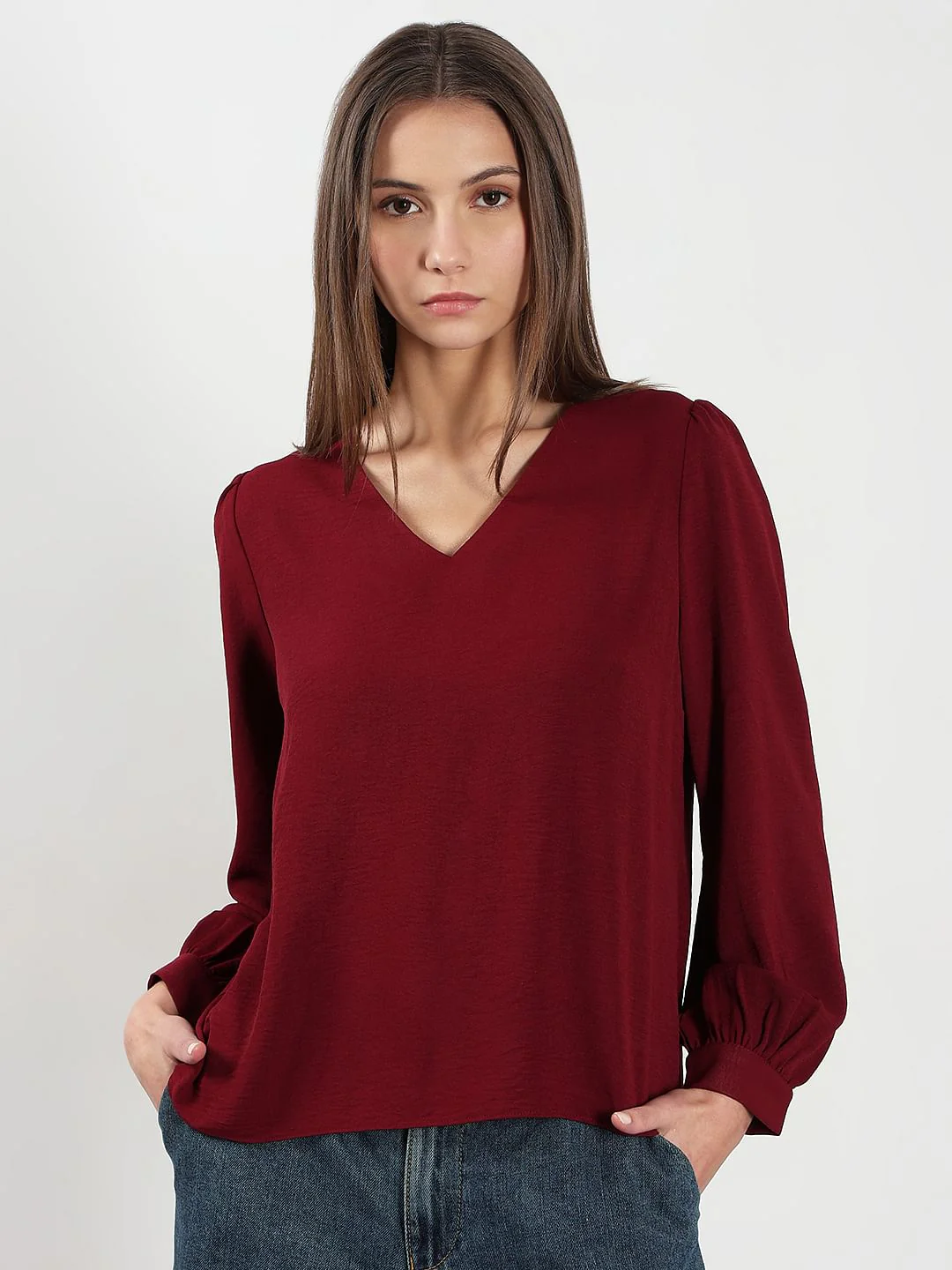 Dark Red V Neck Top - Image 2