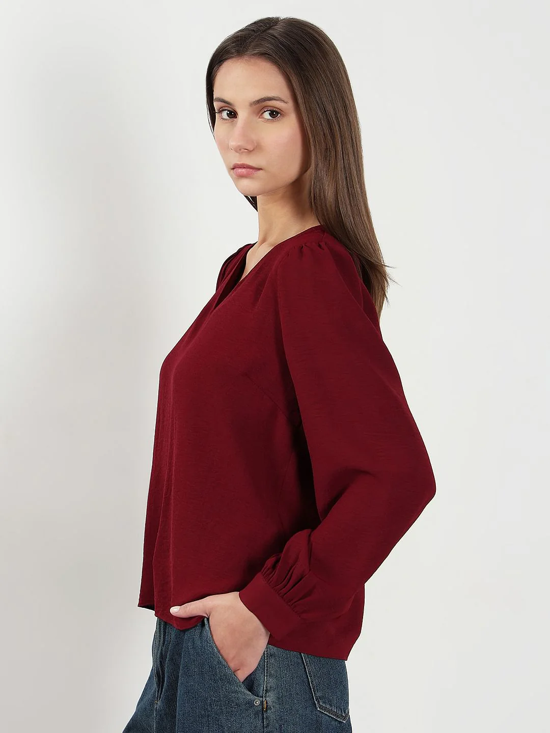 Dark Red V Neck Top - Image 3