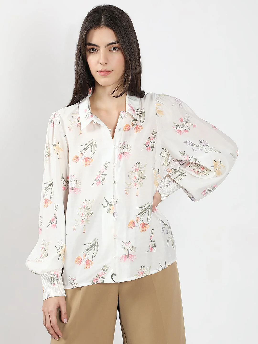 White Floral Print Cotton Shirt - Image 2