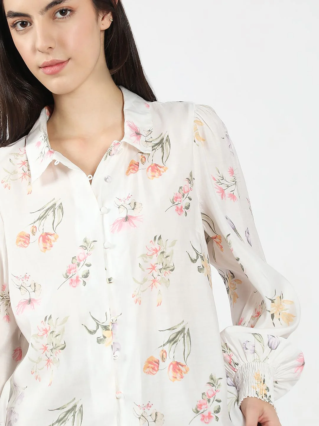 White Floral Print Cotton Shirt - Image 6