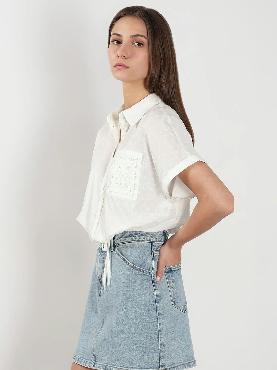 White Cropped Cotton Shirt - Image 3