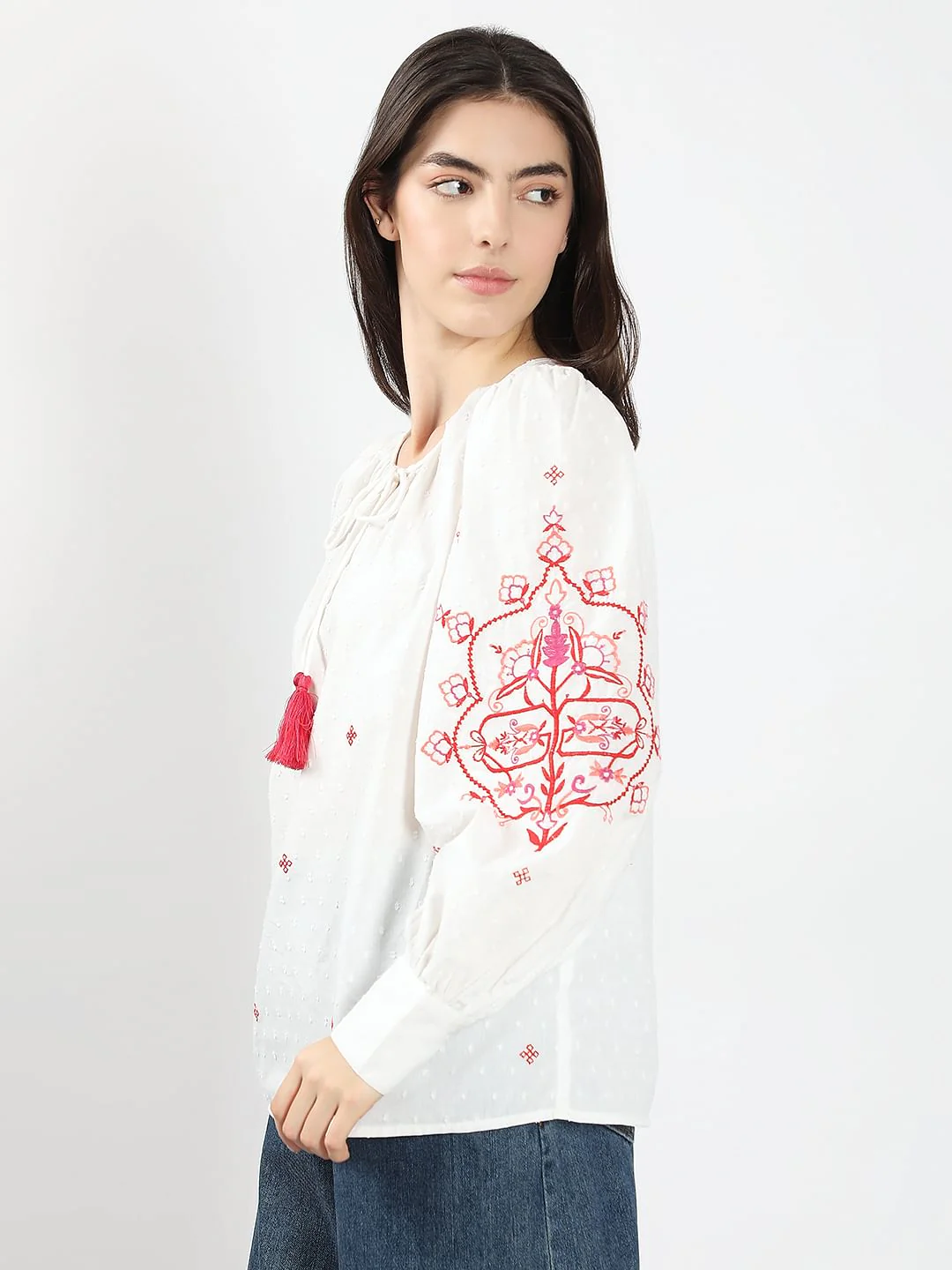 White Red Printed Embroidered Top - Image 3