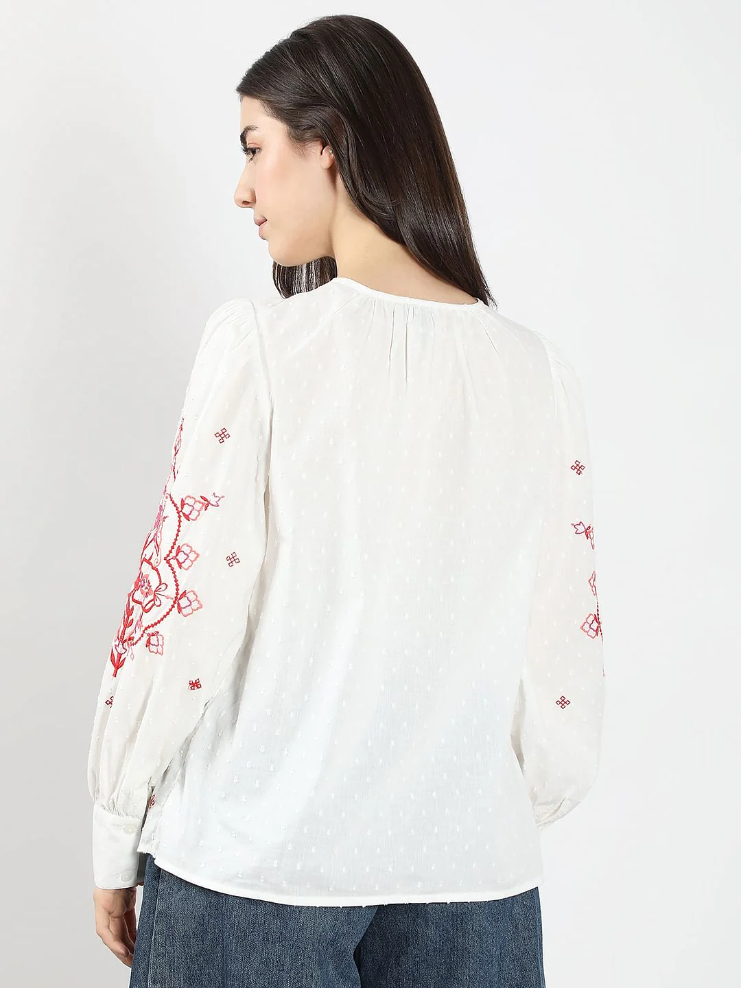 White Red Printed Embroidered Top - Image 4