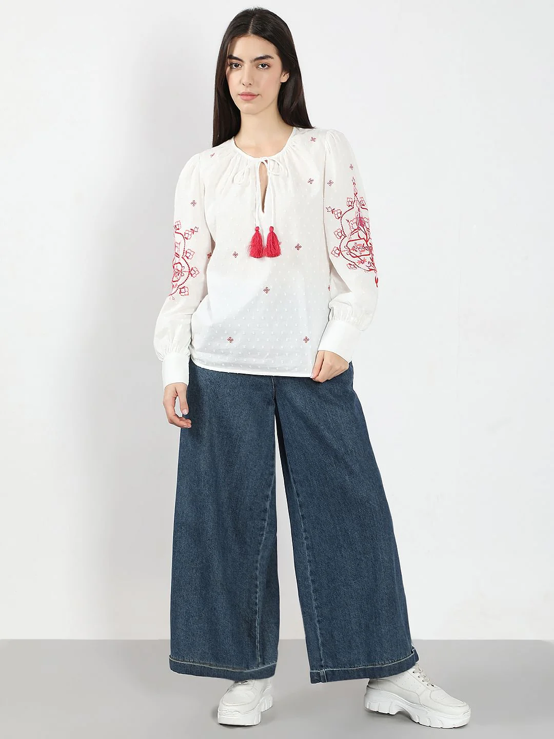 White Red Printed Embroidered Top - Image 5