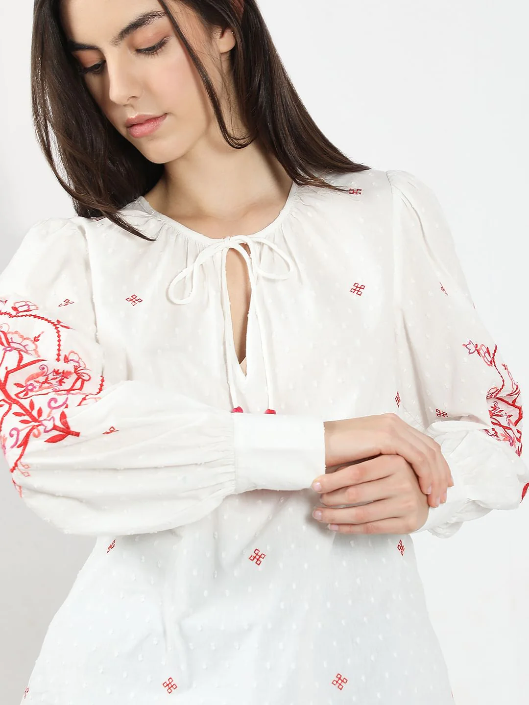 White Red Printed Embroidered Top - Image 6