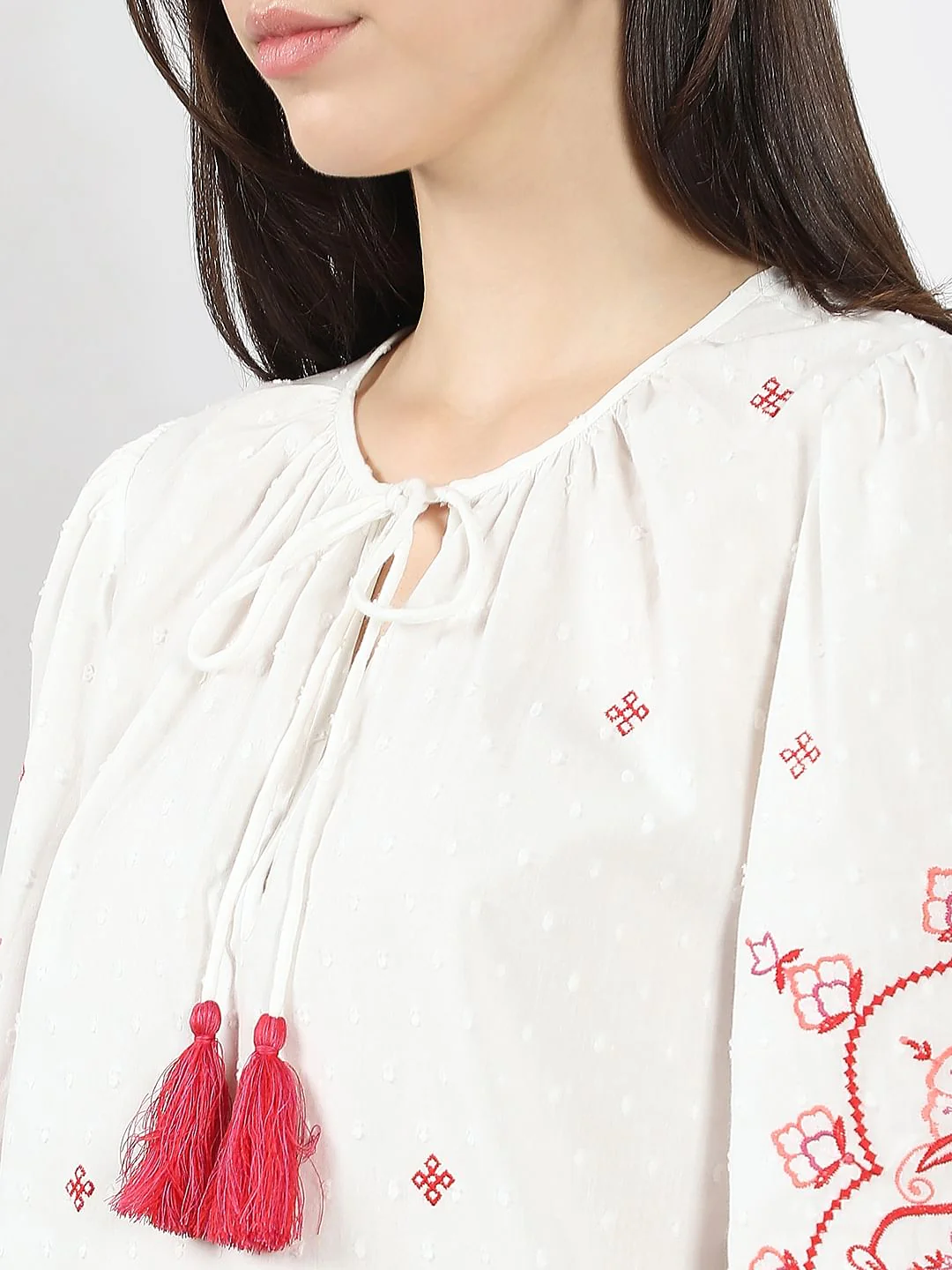 White Red Printed Embroidered Top - Image 8