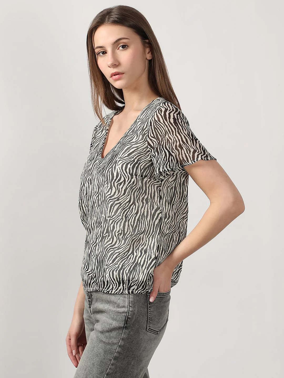 Black Printed V Neck Top - Image 3