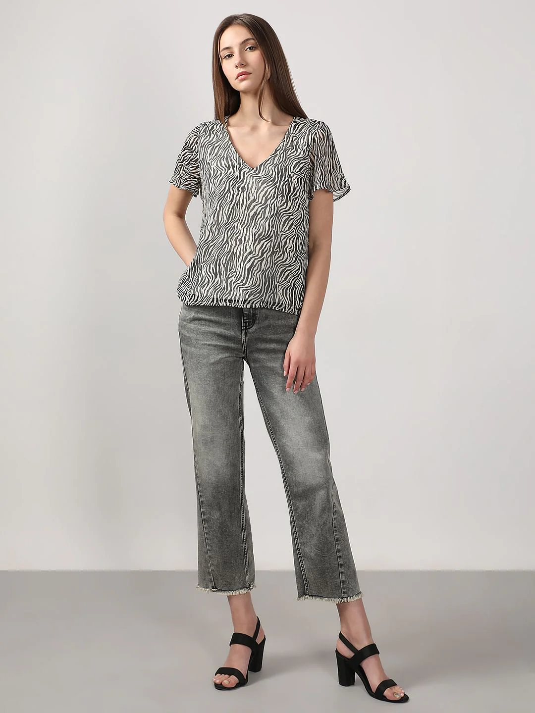 Black Printed V Neck Top - Image 5