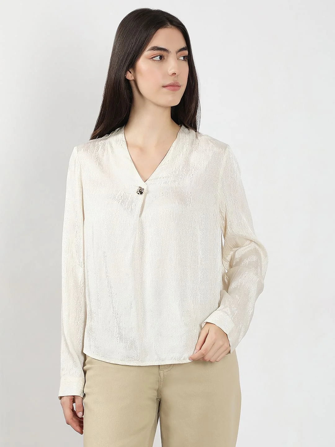 Ivory V Neck Jacquard Top - Image 2