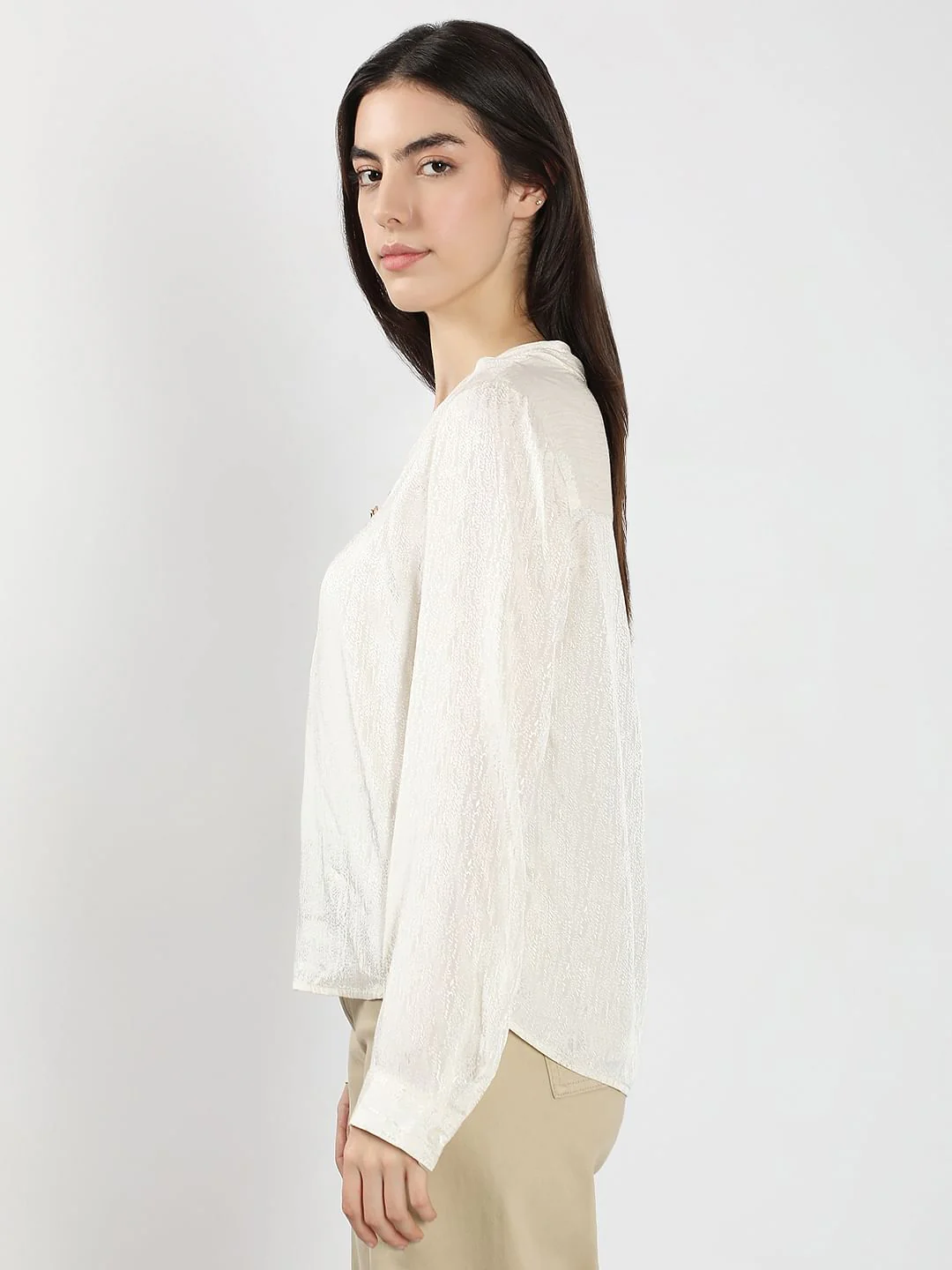 Ivory V Neck Jacquard Top - Image 3